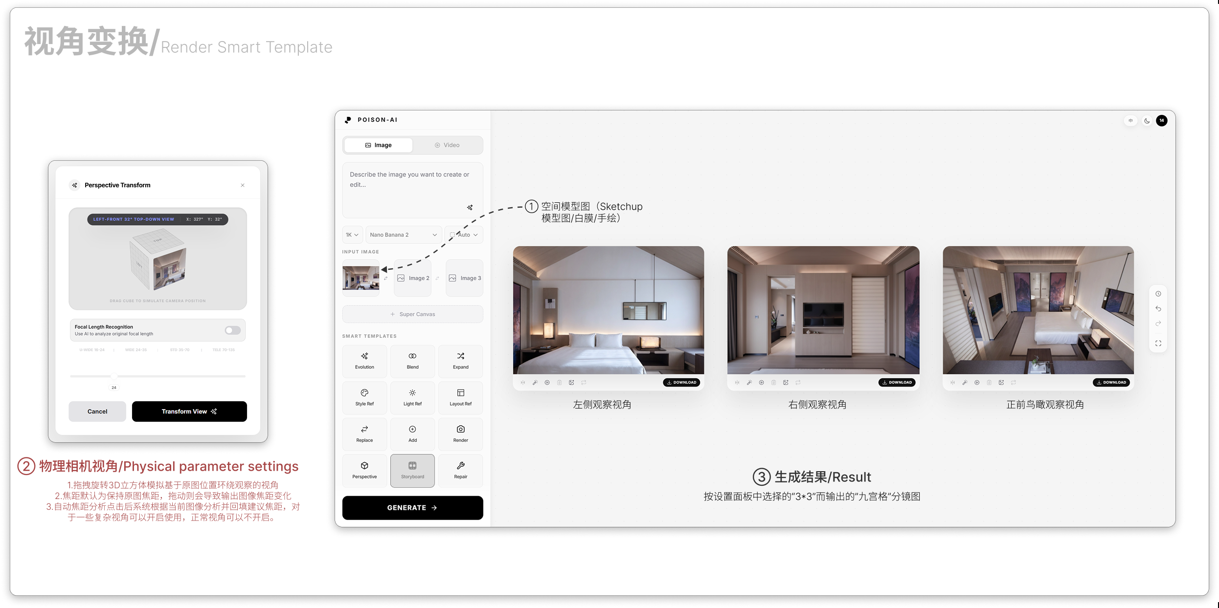 视角变换模版:设置弹窗与生成结果(16:9 合图)